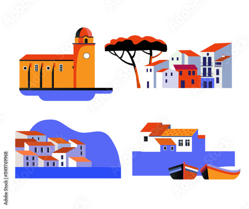 set of mediterranean seaside town lansdcape vector stylized illustrations