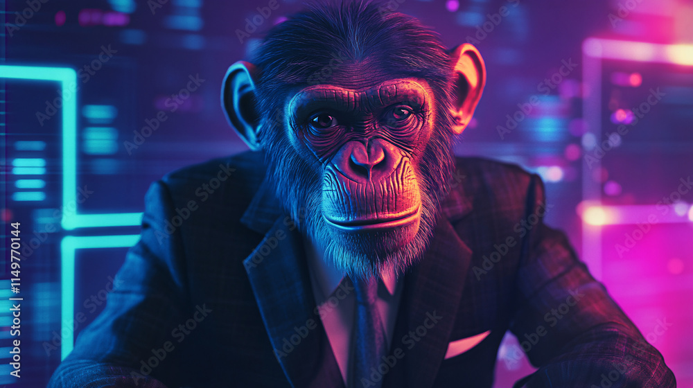 A clever monkey in a sharp suit, interacting with digital screens, with bright colors illustrating the intersection of technology and creativity in the corporate world. A clever monkey in a sharp suit, interacting with digital screens, with bright colors illustrating the intersection of technology and creativity in the corporate world.