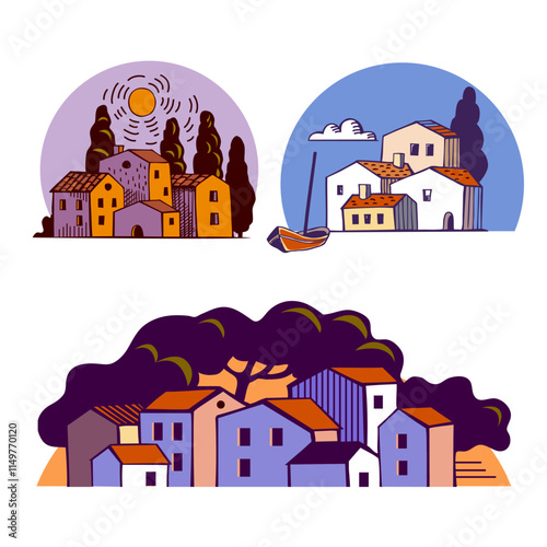 set of color hand drawn landscapes with houses