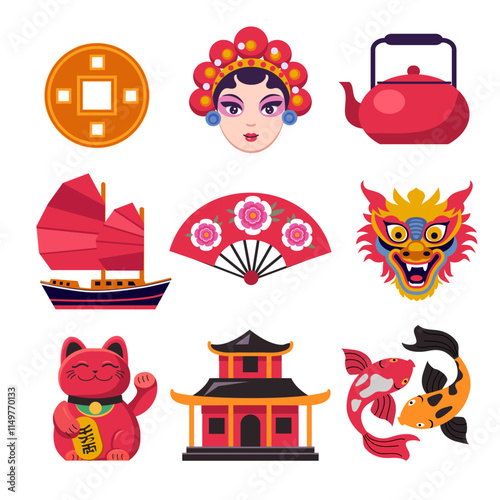 set of chinese  color vector flat icons