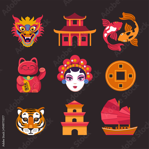 set of chinese beautiful color vector flat icons