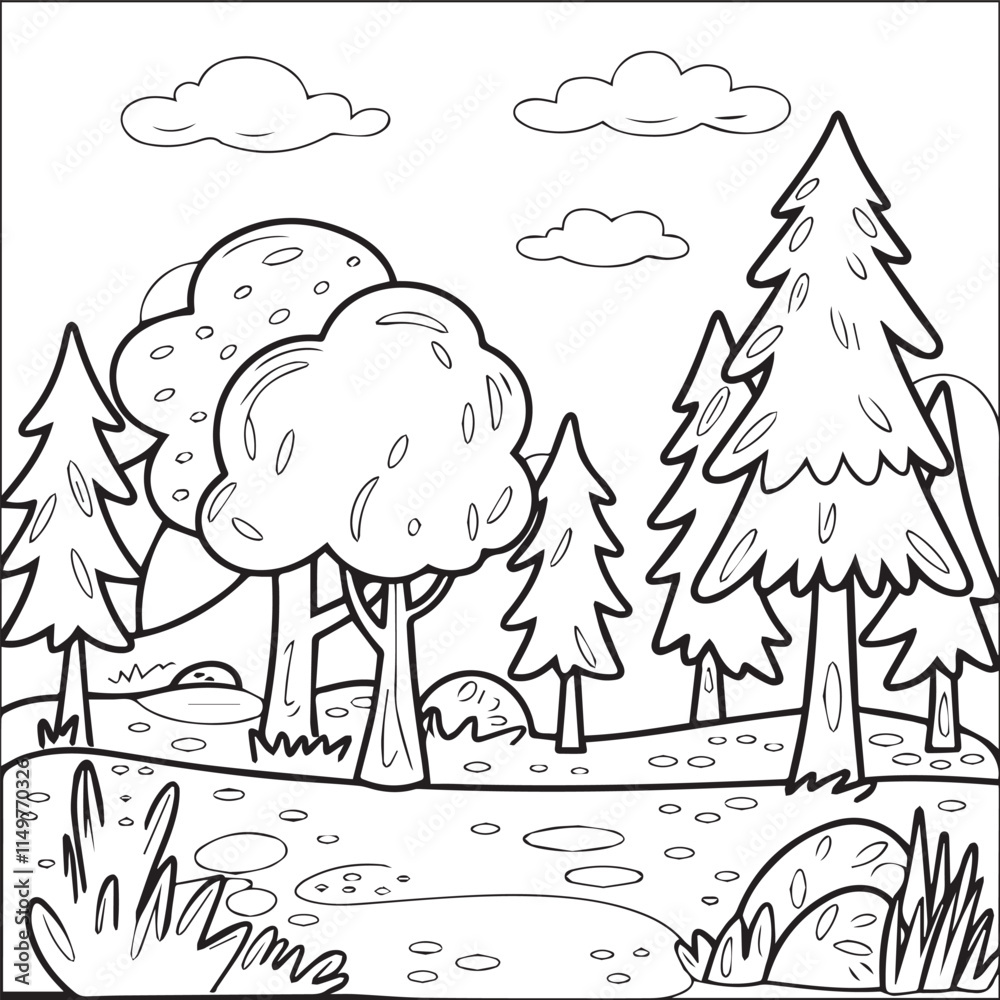 forest background line art with house on white background forest background line art with house on white background
