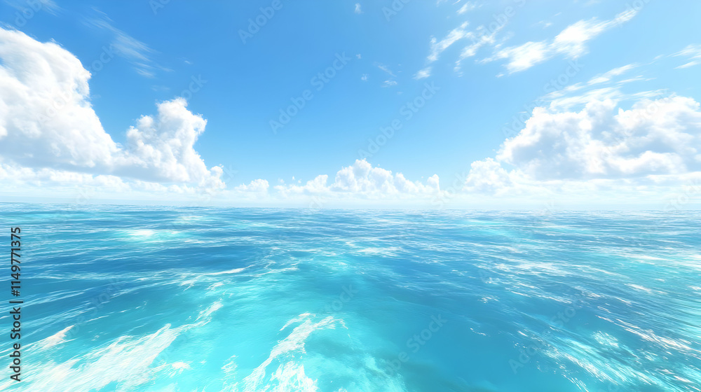 A serene ocean view under a bright blue sky with fluffy clouds. A serene ocean view under a bright blue sky with fluffy clouds.