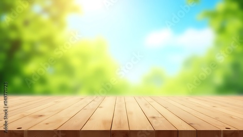 Sunny Outdoor Scene with Wooden Tabletop and Blurred Greenery Background for Natural Product Display