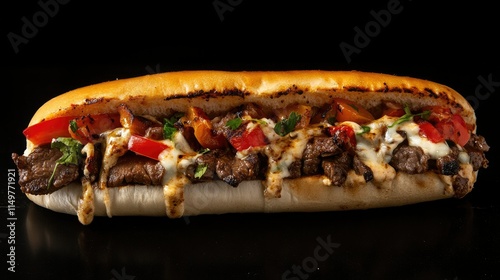 Traditional Middle Eastern shawarma roll with beef, grilled vegetables, and melted cheese, styled against a black backdrop.