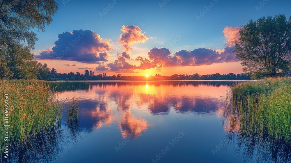Sunset over calm lake, colorful clouds reflected. Sunset over calm lake, colorful clouds reflected.