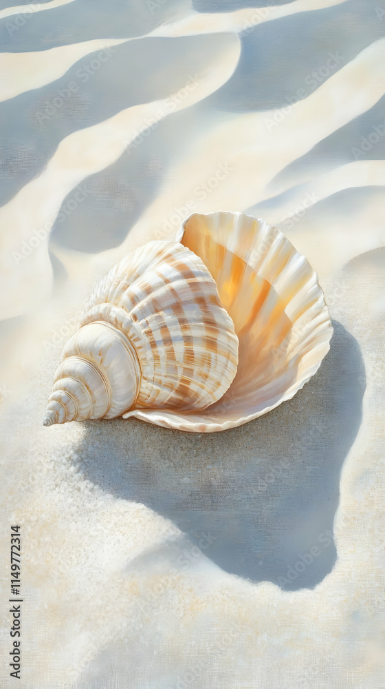 A beautifully detailed seashell resting on soft, sandy textures, capturing a serene beach vibe. A beautifully detailed seashell resting on soft, sandy textures, capturing a serene beach vibe.