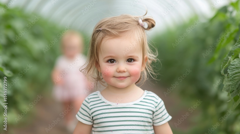 Allergy concept. Smiling girl in a greenhouse surrounded by greenery. Allergy concept. Smiling girl in a greenhouse surrounded by greenery.