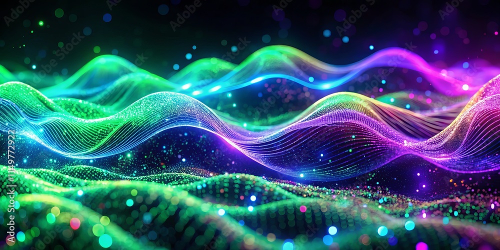 Obraz premium Holographic Neon Wave Wallpaper: Abstract Particle Energy Burst