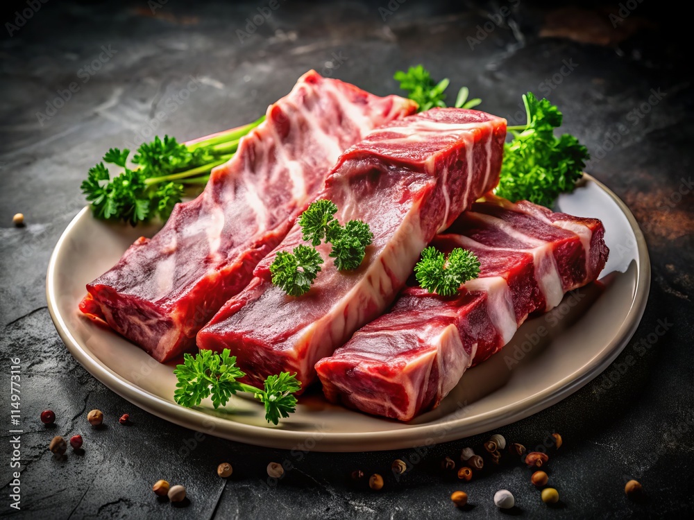 Juicy Raw Pork Ribs on White Plate - Delicious BBQ Recipe Inspiration - High-Resolution Food Photography Juicy Raw Pork Ribs on White Plate - Delicious BBQ Recipe Inspiration - High-Resolution Food Photography