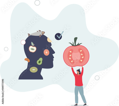 Mindful eating and healthy daily food consumption awareness .flat characters.