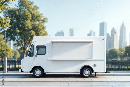 White Blank Food Truck Parked in Urban Setting with City Skyline in Background, Ready for Branding and Advertising photo