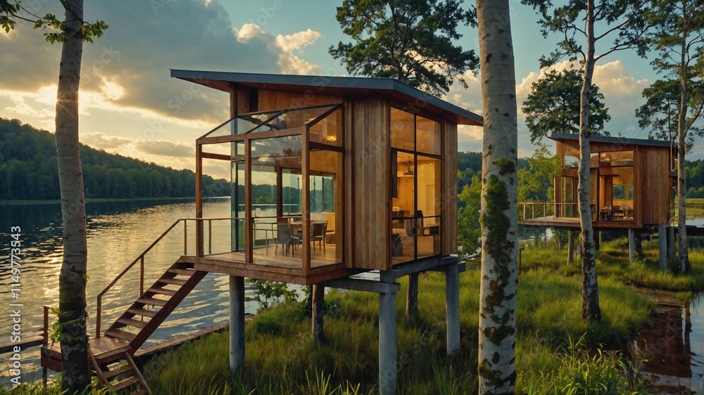 A small wooden house with a balcony overlooking a body of water A small wooden house with a balcony overlooking a body of water