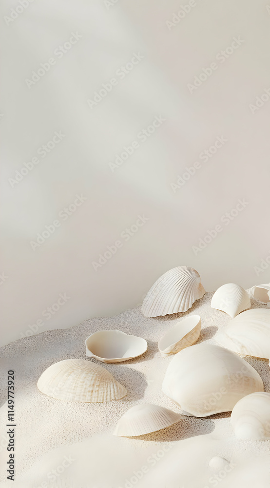 A serene arrangement of seashells on a sandy surface, evoking a calm coastal atmosphere. A serene arrangement of seashells on a sandy surface, evoking a calm coastal atmosphere.