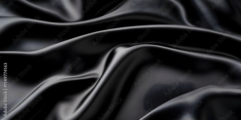 Fototapeta premium A close-up of smooth, black satin fabric with elegant folds and creases.