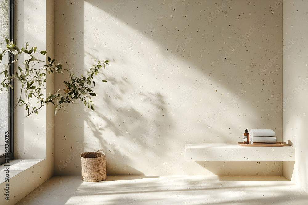 Fototapeta premium A serene, minimalist bathroom with natural light and simple decor.