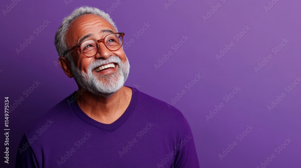 Obraz premium Man with glasses is smiling and looking up at the camera