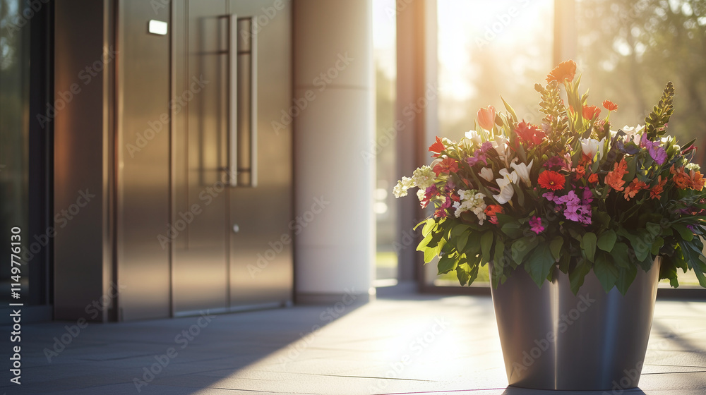 Fototapeta premium Colorful flower arrangement in a modern building entryway