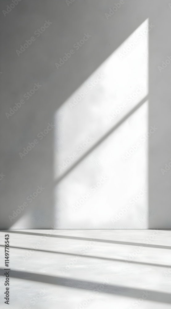 Obraz premium A minimalist interior with light casting geometric shadows on a concrete wall.
