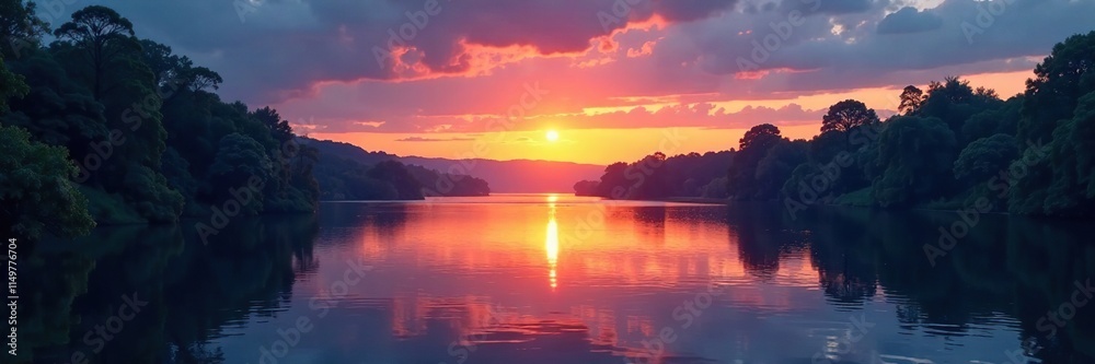Obraz premium As twilight approaches, warm orange tones mix with deep blues on a quiet river, evening, blue, serenity