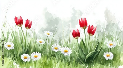 A serene spring meadow with white daisies, red tulips, and green grass, all painted in soft, delicate watercolor strokes that blend seamlessly into the landscape. photo