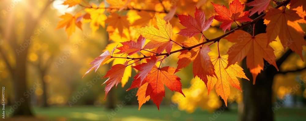 Autumn leaves on an elm tree's branches with sunlight filtering, tree details, shadow Autumn leaves on an elm tree's branches with sunlight filtering, tree details, shadow