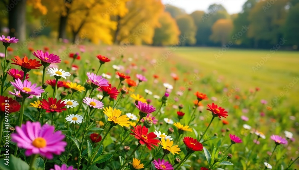 Fototapeta premium Autumn meadow with a variety of wildflowers including asters, chrysanthemums and sedum, seasonal change, sedum, countryside scenery