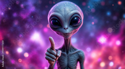 Grey Alien with Large Eyes Pointing Finger in Vibrant Cosmic Space Background photo