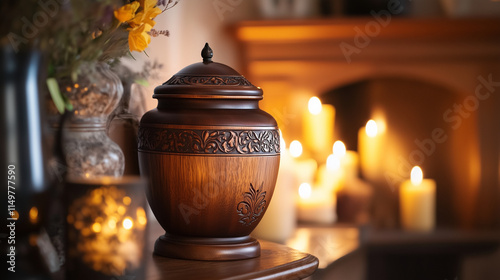 Wooden urn with intricate carvings and candlelit background