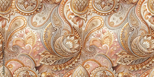 Elegant paisley pattern in soft gold and pink tones, ideal for luxurious settings.