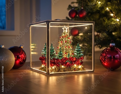 A beautifully decorated miniature Christmas scene inside a glass box, featuring vibrant trees and festive lights. photo