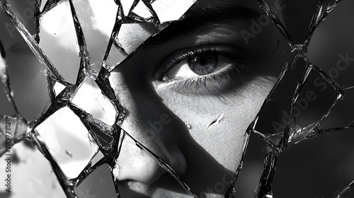 Striking black white image of a face partially obscured by a shattered mirror for symbolizing inner turmoil vulnerability.