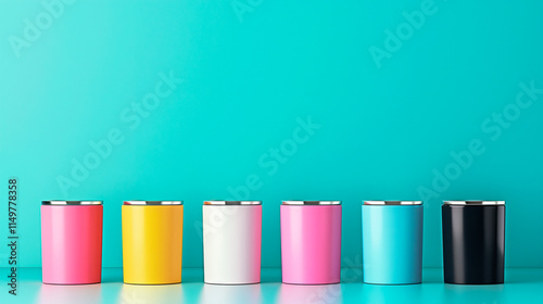 Six Colorful Cylindrical Containers with Metallic Lids on Teal Background