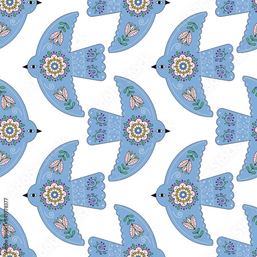 Seamless bird pattern with floral ornament in Scandinavian folk style