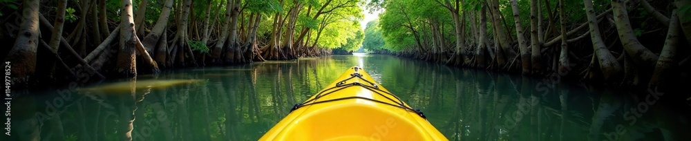 Fototapeta premium A yellow kayak glides through the narrow mangrove forest channels, waterway, nature, wooden paddle