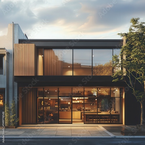 modern shop front juxtaposed with traditional elements in Inuyama City, blending contemporary and historical designs, photo