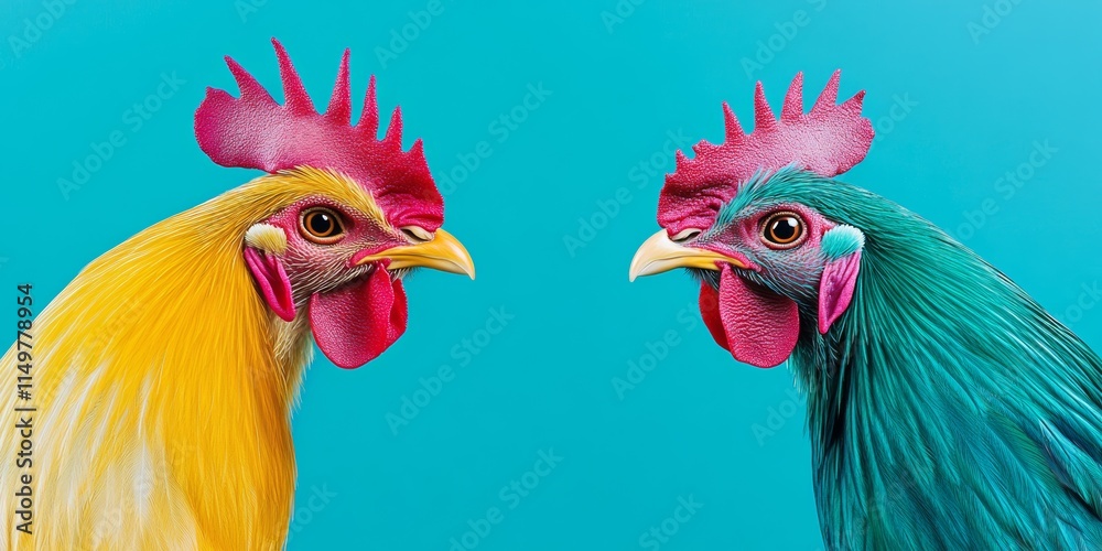 Fototapeta premium Two chickens with different colored heads facing each other