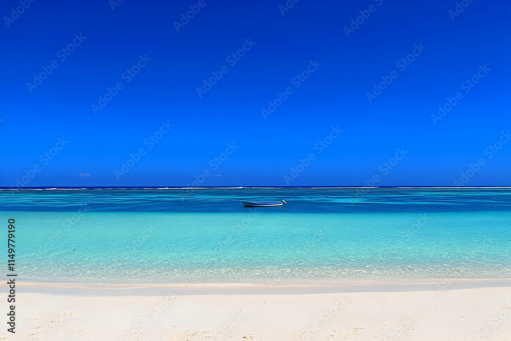 A serene beach scene with clear turquoise waters and a small boat under a blue sky. A serene beach scene with clear turquoise waters and a small boat under a blue sky.