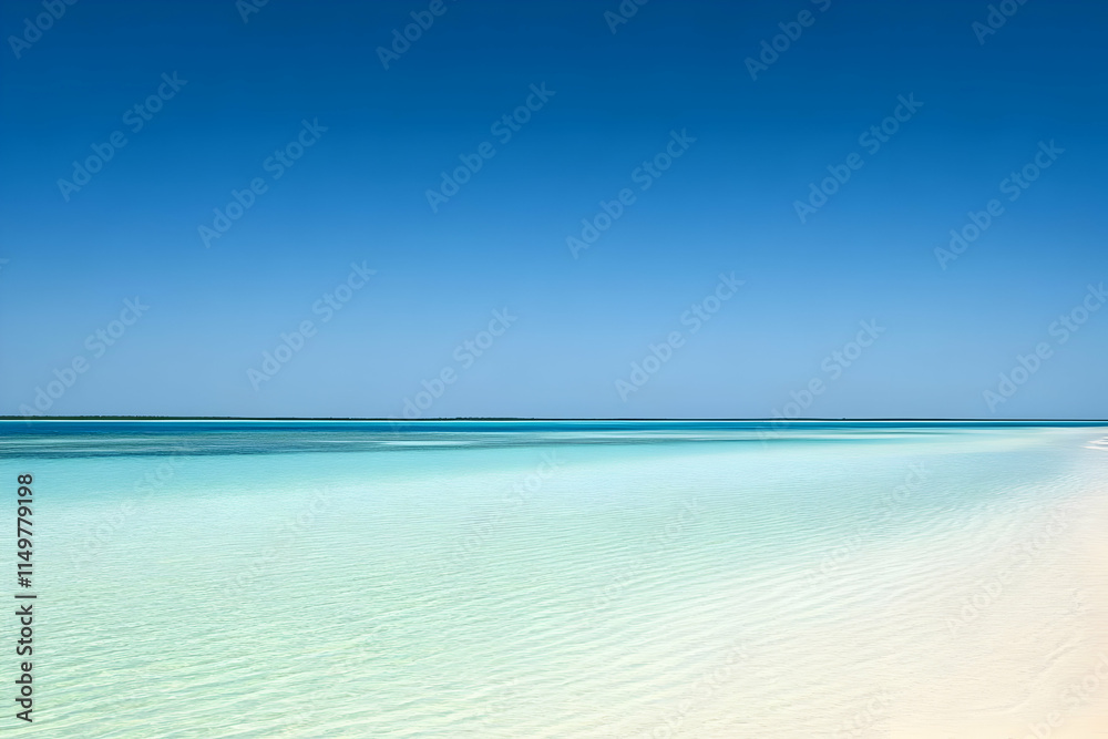 Fototapeta premium Serene beach scene with clear turquoise water and a cloudless sky.