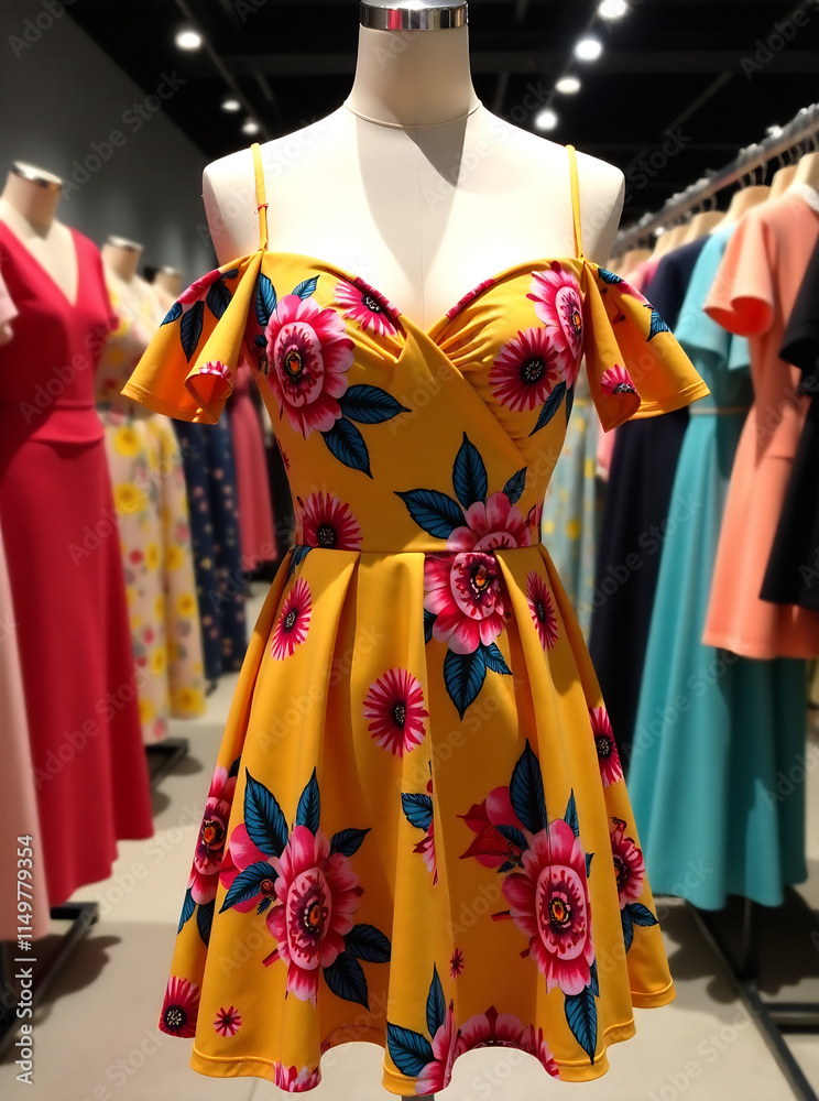 Naklejka premium A vibrant, off-the-shoulder summer dress with a floral design displayed on a mannequin, surrounded by colorful clothing in a well-lit store backdrop
