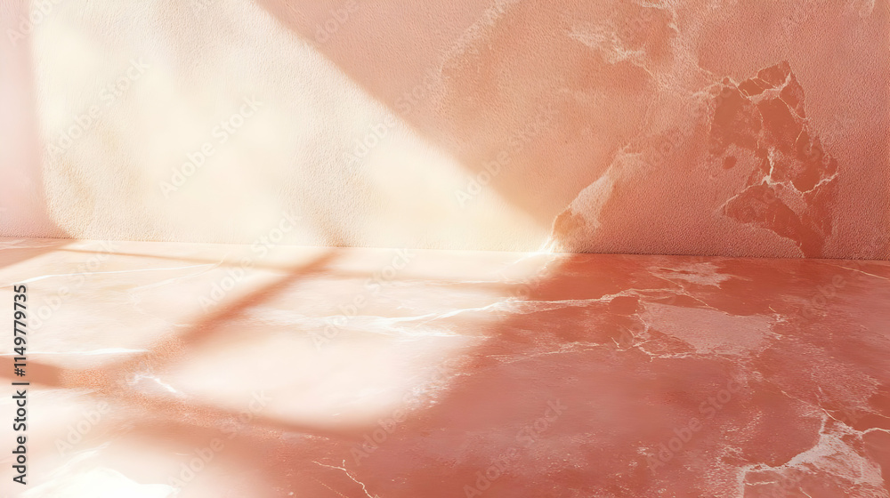 Fototapeta premium A serene interior space with a soft pink marble floor and textured walls, illuminated by sunlight.