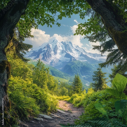 Mont Blanc as seen from a hiking trail, with vibrant greenery framing the majestic mountain. photo