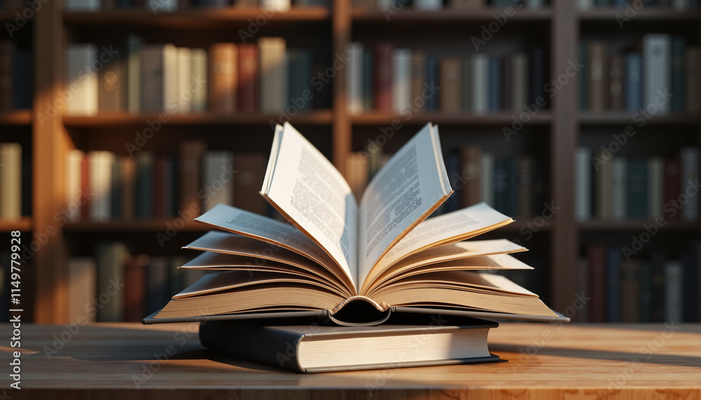 Books open in a cozy library with warm lighting, inviting readers to lose themselves in stories of knowledge and imagination