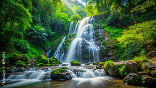 A scenic landscape: vibrant green forest, cascading waterfall, smooth river rocks, flowing water.