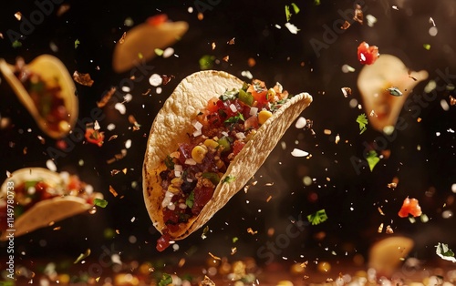 Flying tacos with all fillings and salsa beautifully scattered photo