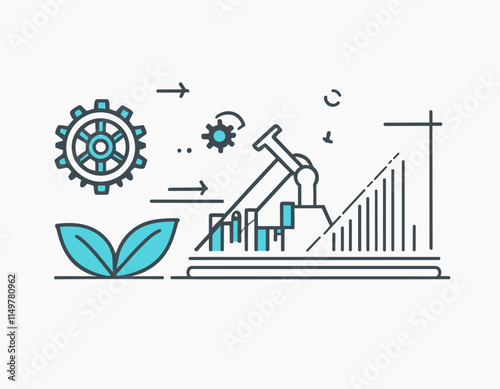 Outline icon increase productivity, manufacturing analyse, capacity process, efficient grow. Line sign graph and gear. Vector isolated pictograms for web on white background editable stroke.