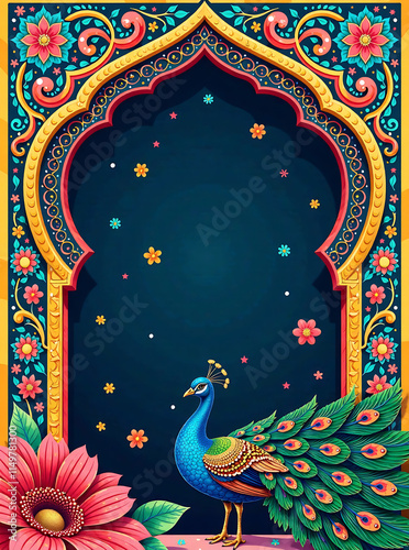 Traditional middle eastern seamless pattern and Mughal arch with peacock illustration frame for Invitation
