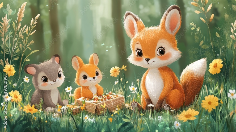 Fototapeta premium Fox, bunny, mouse, gift, wildflowers, meadow.
