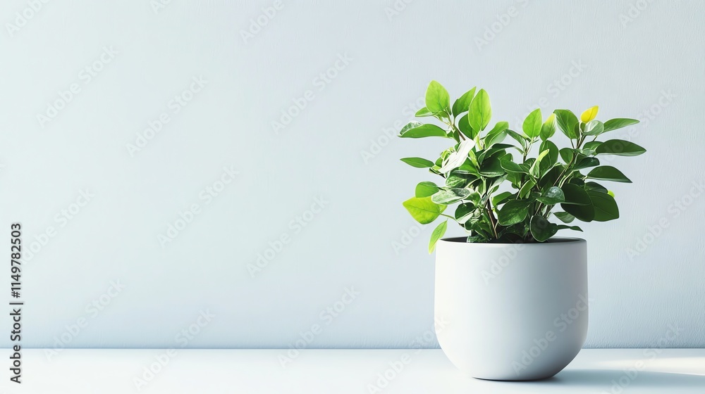 Fototapeta premium A potted plant sits on a white table against a light blue wall.