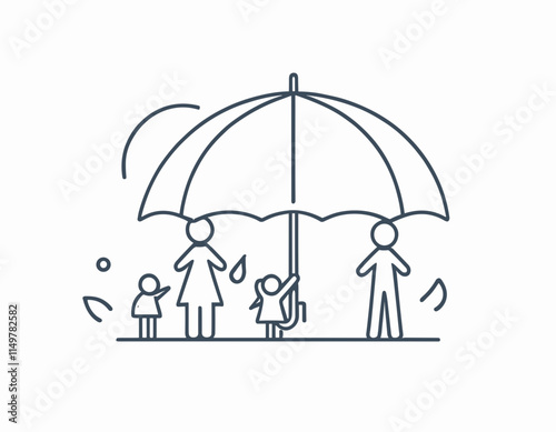 Thin outline icon people stand under umbrella. Such line sign as insurance family health, protection and safety. Vector isolated pictogram on white background editable stroke.